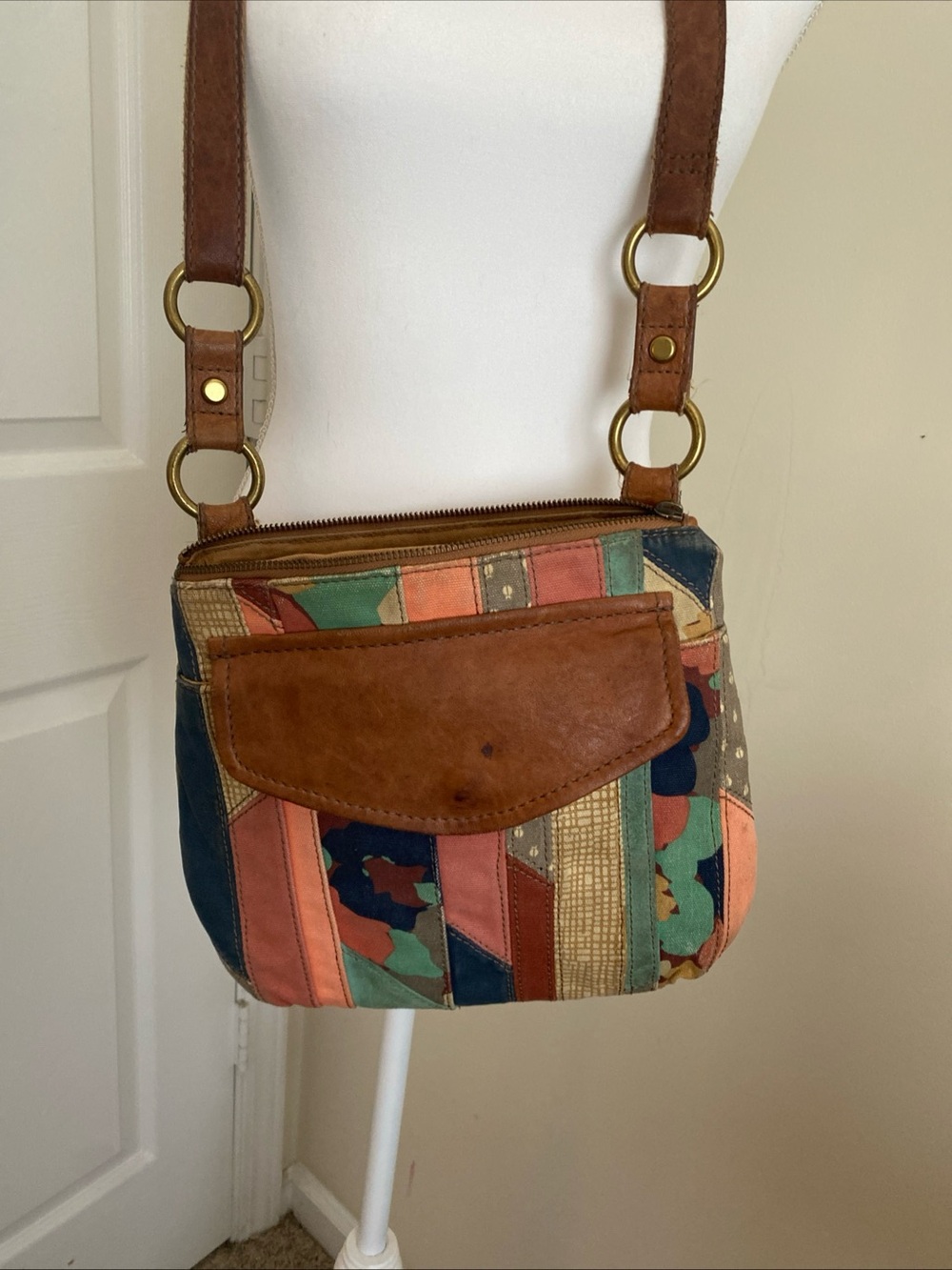 Vintage Fossil  Multicolor Patchwork Crossbody with Brown Leather Trim